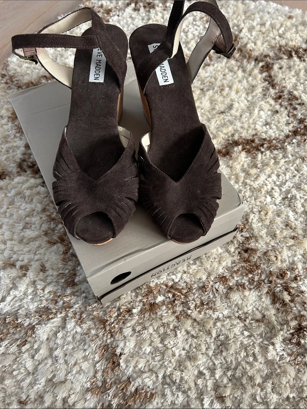 Steve Madden Dark Brown Suede Peep-Toe Ankle-Strap Wedges